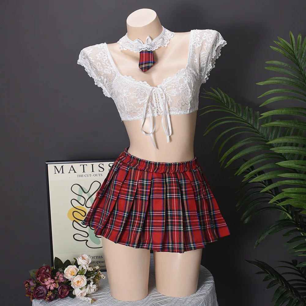 Toucheart Sexy Lingerie Suit for Women Lace Mesh See-through Lace Up Top Plaid Pleated Skirt Halter Women's Underwear Set New