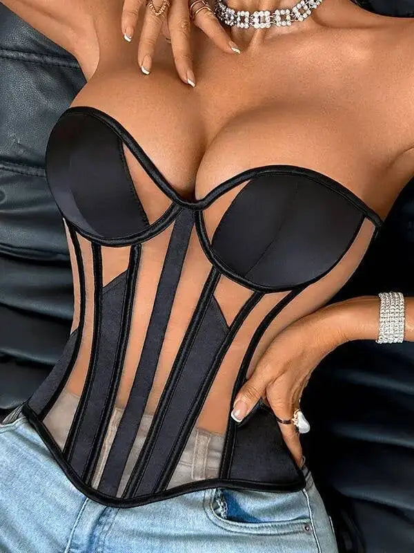 Mesh Thin Corset Sexy Erotic Tight Corset Fishbone Top Casaul Transparent Off-the-shoulder Pure Desire Elegant Top Charming 6EX2