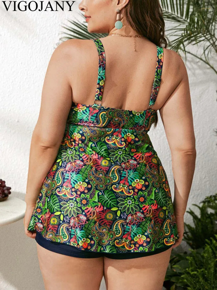 VigoJany 2026 Sexy Print Strapped Plus Size Tankini Set Women High Waist Push Up Big 2 Piece Swimsuit Beach Large Bathing Suit