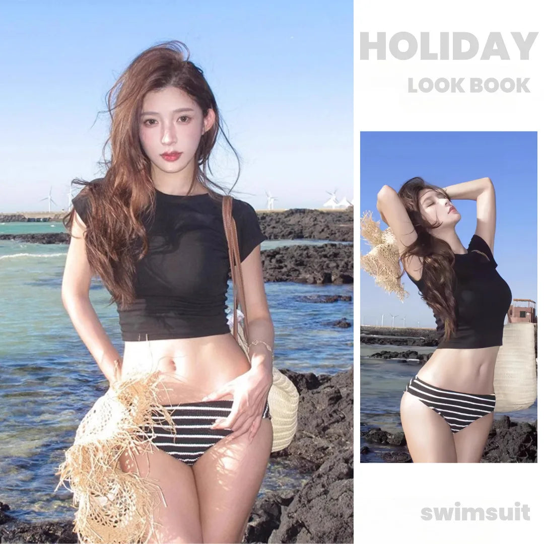 New Bikini Three Piece Set with Short Sleeves for Slimming and Sexy Swimsuit for Women's Vacation Beach Swimsuit