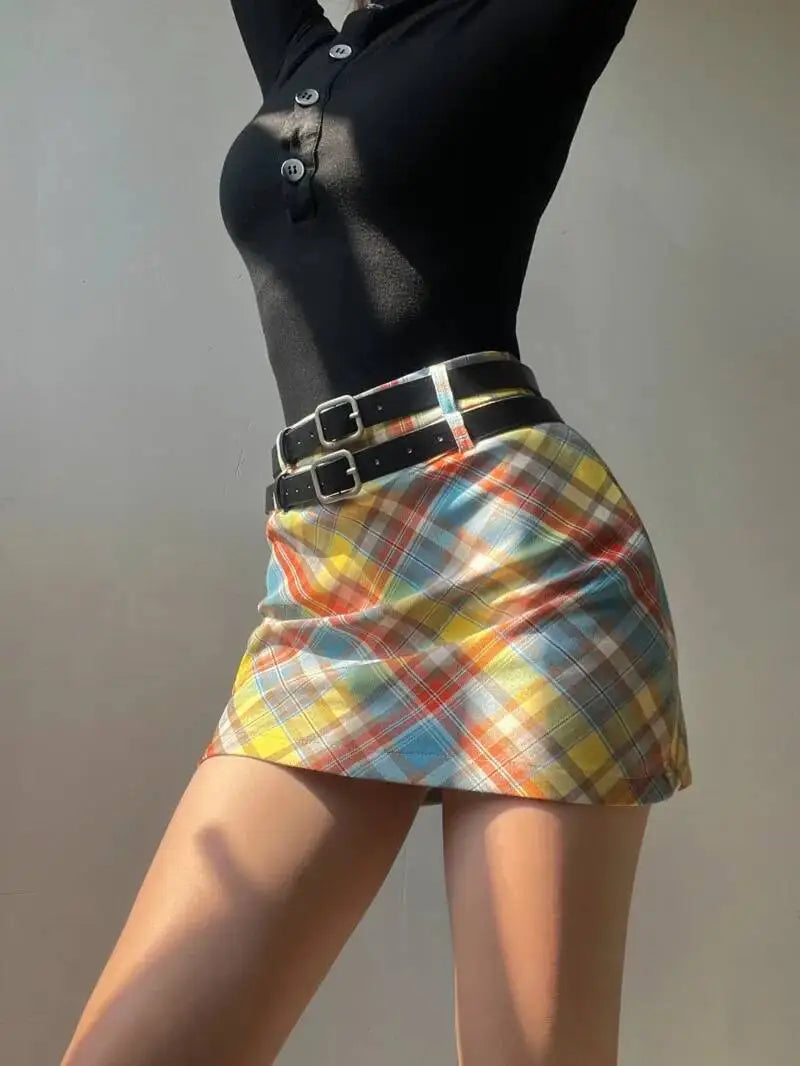 Plaid Double Waistband A-line Short Skirt  Women American Style Street High Waist Casual Collision Color Wrap Hip Skirt OJR7