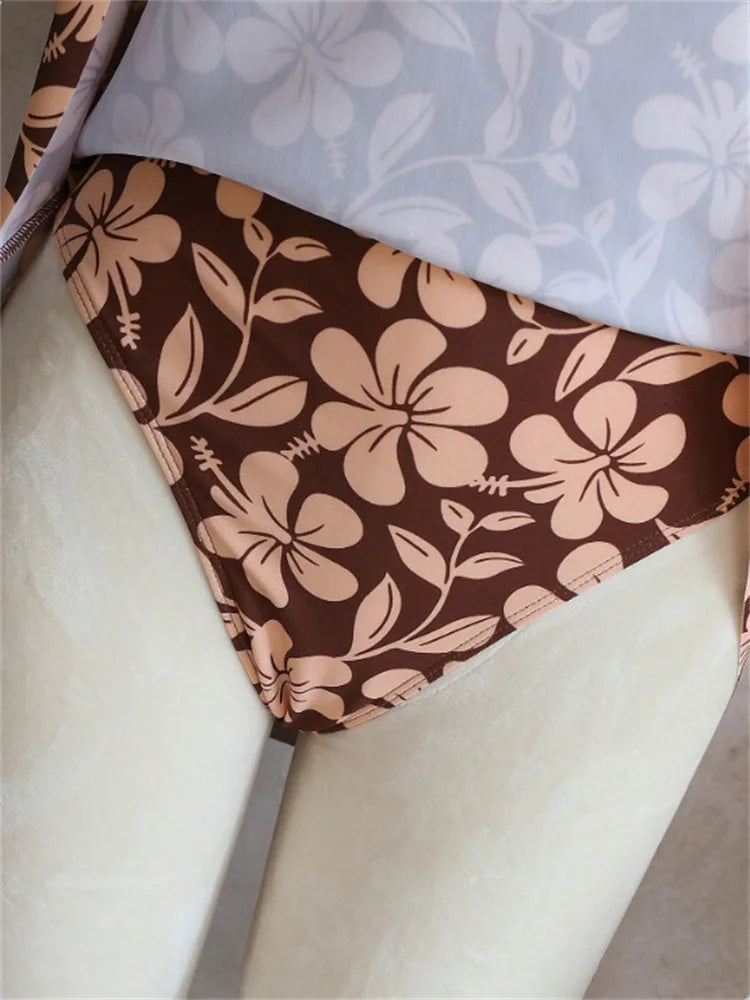 Vintage Coffee Floral Print Two Piece Swimsuit 2026 Women V Neck Slim Dress High Waist Short Swimsuit Beach Bathing Suit Bikini