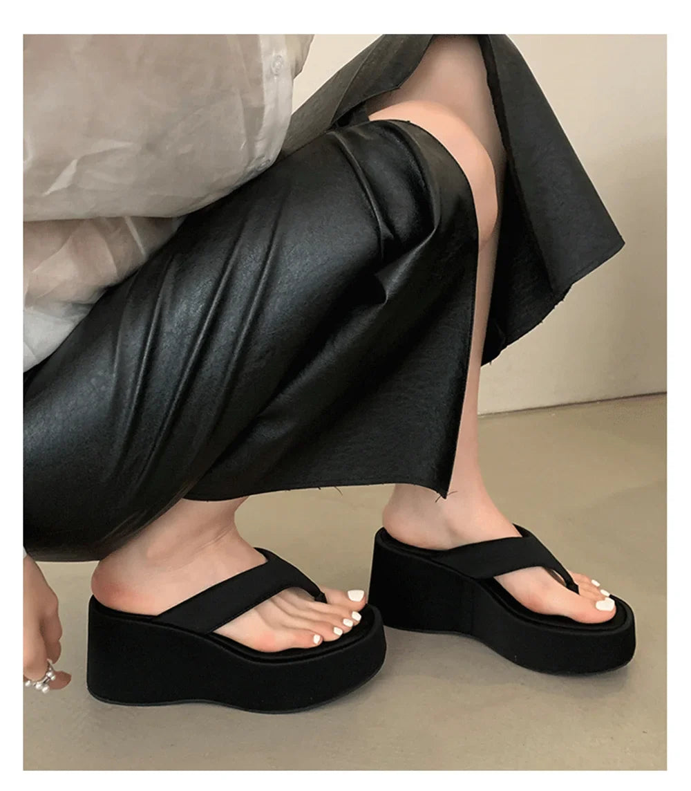 Vintage Y2K Leopard Flip&Flops Sandal Summer Chunky Platform Sandals Women Slipper Wedges Slides 8cm High Heels Shoes Mules