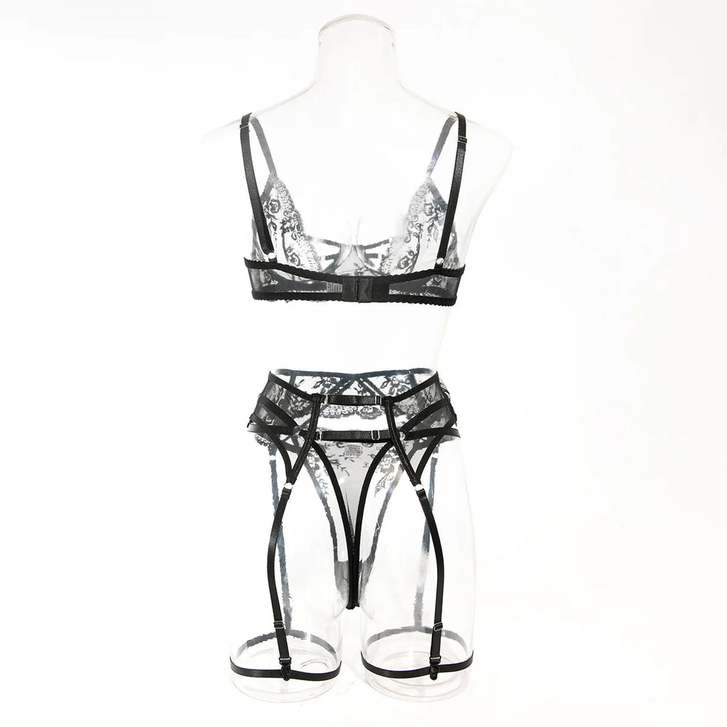 Embroidery Lingerie 3Pcs Sets Ultrathin Mesh Patchwork See Through Bras And Thongs Garter Suits Erotic Intimate Sexy Underwear
