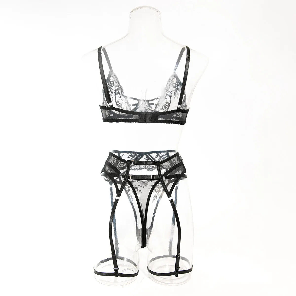 Embroidery Lingerie 3Pcs Sets Ultrathin Mesh Patchwork See Through Bras And Thongs Garter Suits Erotic Intimate Sexy Underwear