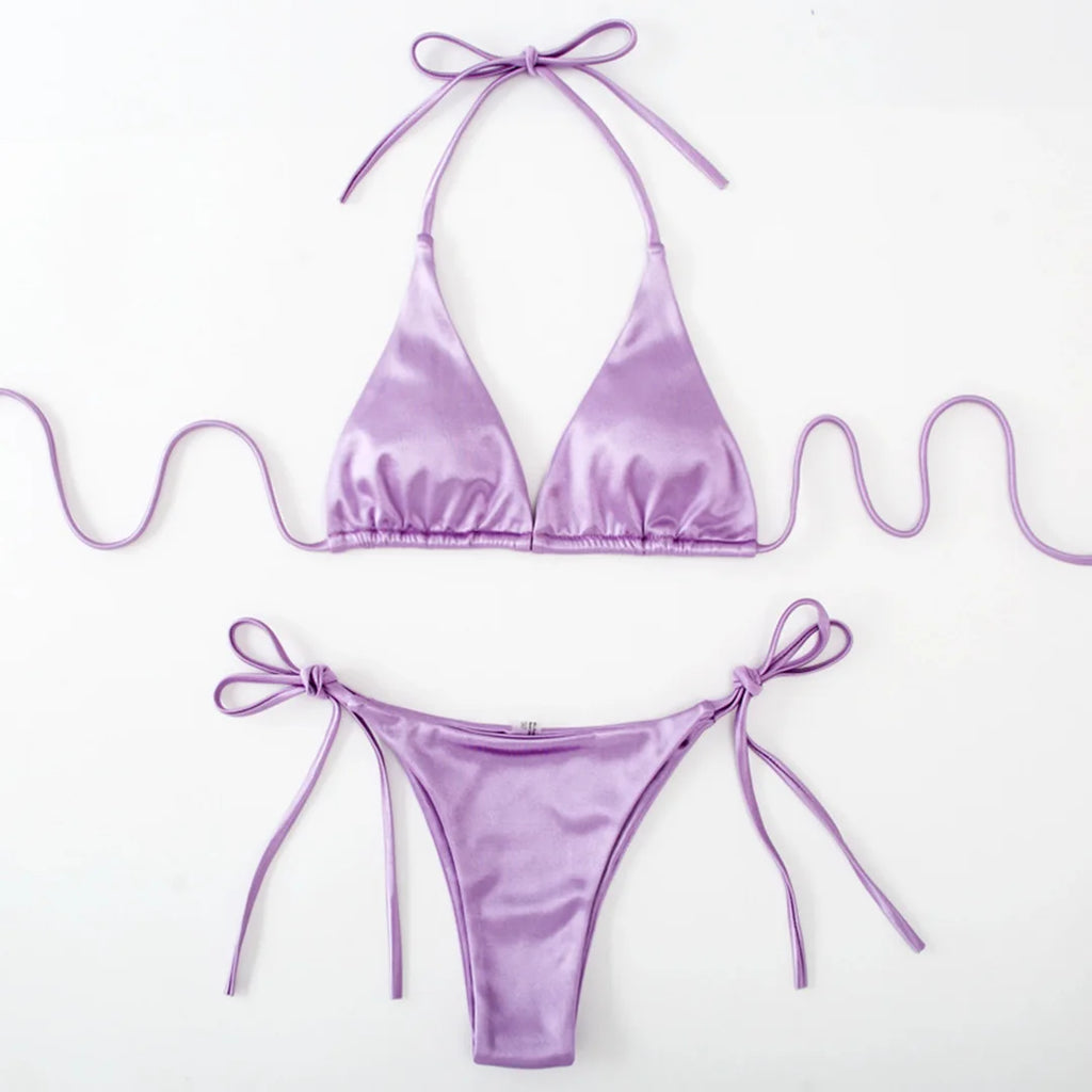 Sexy 13 Colors Halter Satin Brazilian Bikini Women Swimwear Female Swimsuit Two-pieces Bikini set Bather Bathing Suit Swim V4966