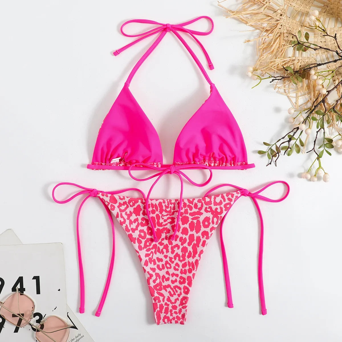 Sexy Micro Bikini 2025 Women Pink Leopard Print Neon Double Side Push Up Swimsuit Brazilian Beach Bathing Suit Thong Swimwear