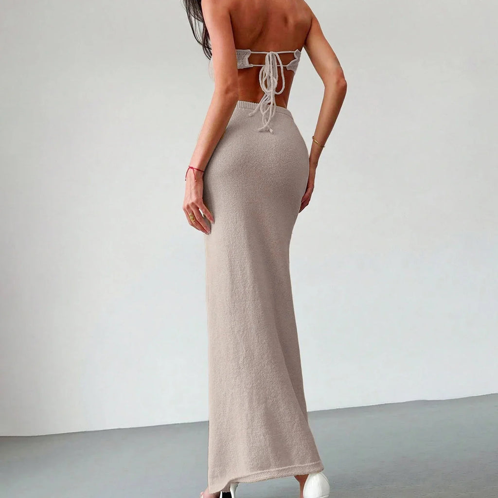 Women’s Two Piece Summer Outfits Solid Color Strapless 3D Flower Tube Tops and Long Skirt Set Knitted Holiday Beachwear