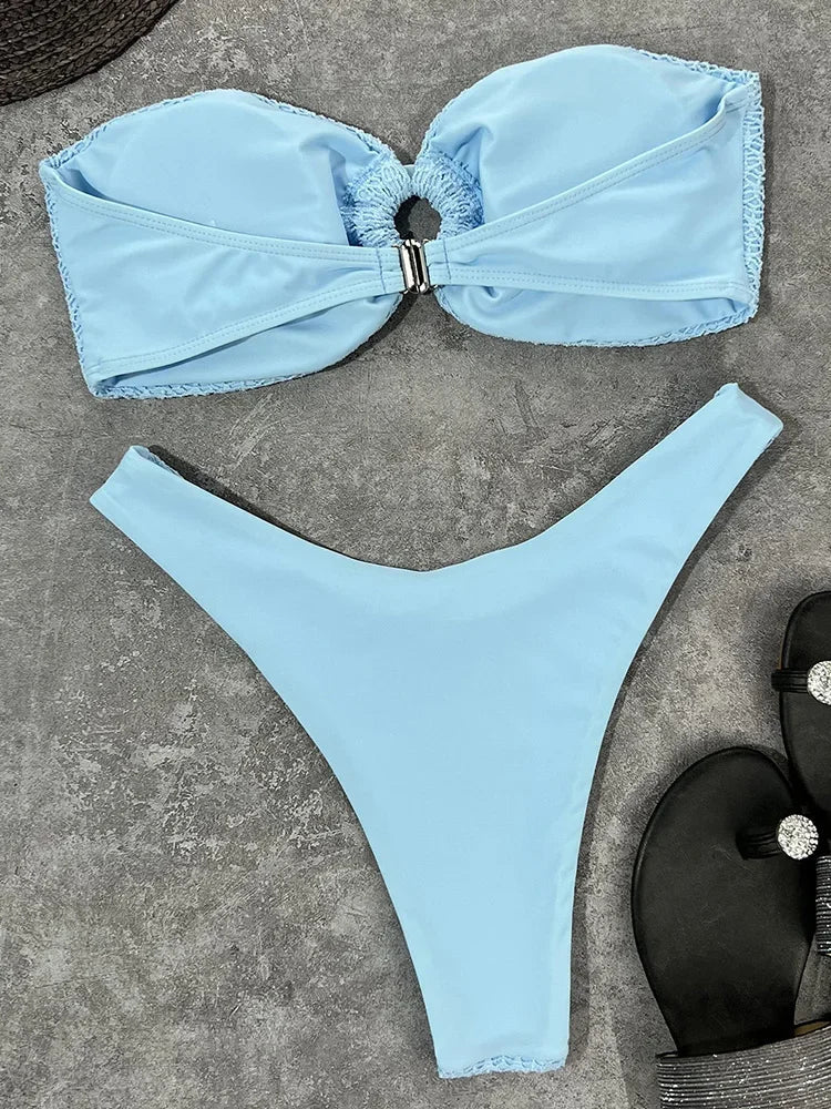 Wrinkled Fishnet Strapless Bandeau Bikini Women Swimsuit Female Swimwear Two-pieces Bikini set High Cut Bather Bathing Suit Swim