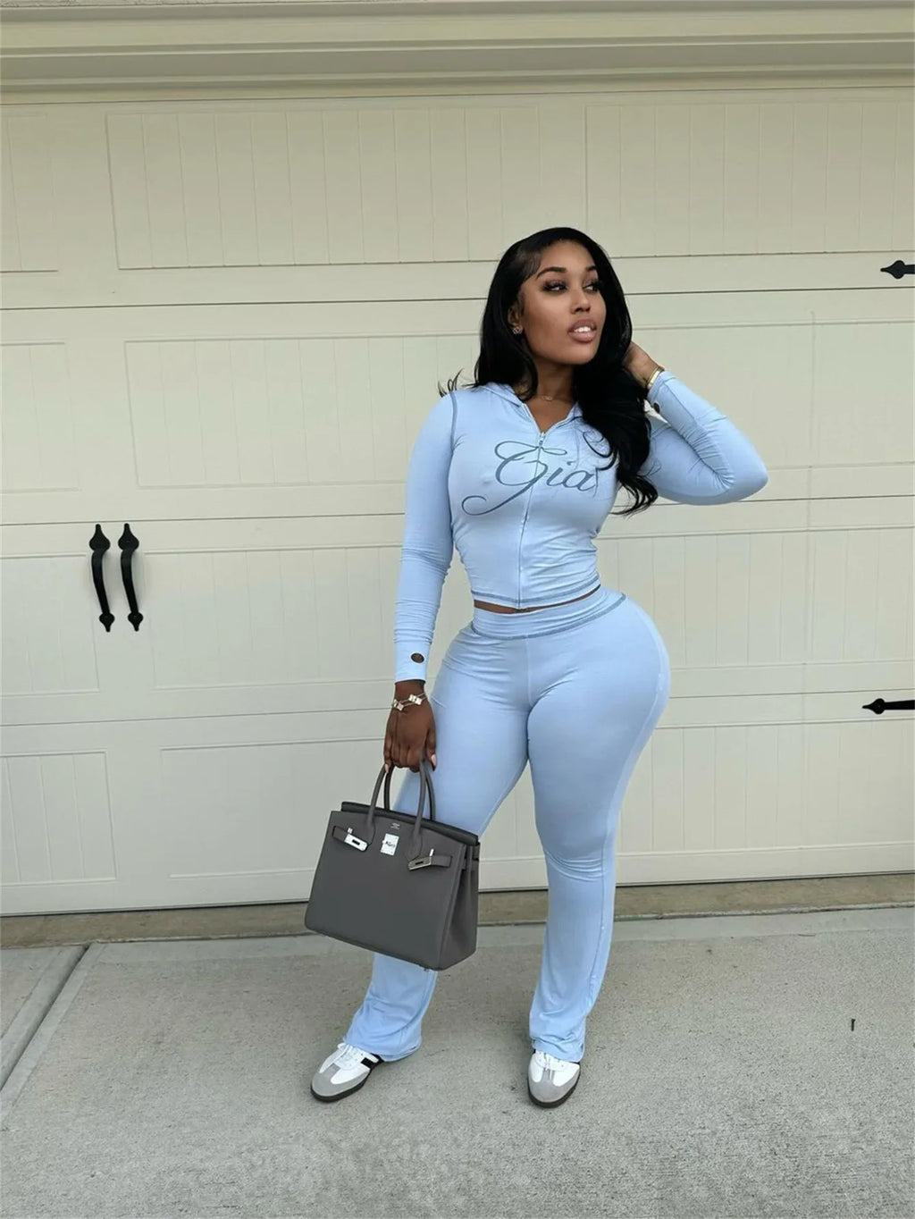 2026 New Women Ins Fashion Solid Color Sexy Straight Shoulder Contrast Stitch Long Sleeve 2 Piece Outfit
