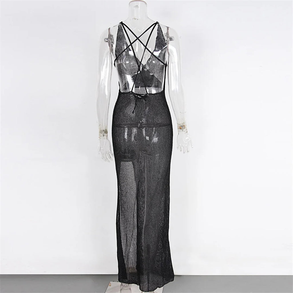 S - XL V Neck Slit Long Dress Sexy Mesh Backless Knitted Crochet Tunic Beach Cover Up Cover-ups Beach Dress Beachwear V3767B