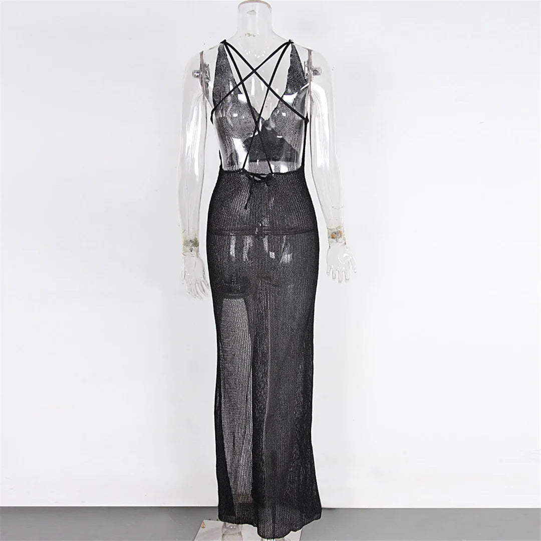 S - XL V Neck Slit Long Dress Sexy Mesh Backless Knitted Crochet Tunic Beach Cover Up Cover-ups Beach Dress Beachwear V3767B