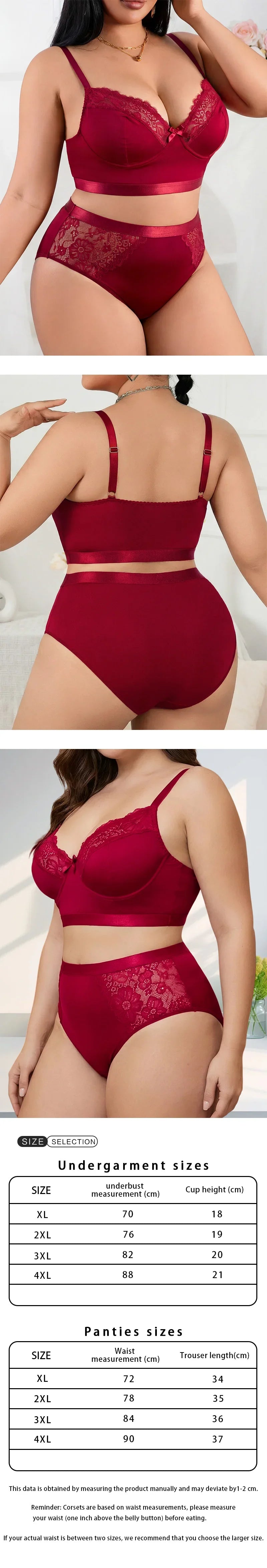 Women’s Sexy Red Lingerie Set, Plus Size Smooth Lace Push Up Bra, Thin Sheer Underwear Set for Big Bust