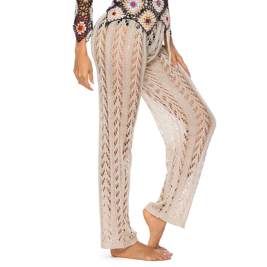 S - XL Women Crochet Knitted Beach Pants Hollow Out Elastic Straight Casual Trouser Holiday Beach Wide Leg Bikini Cover Up V2651