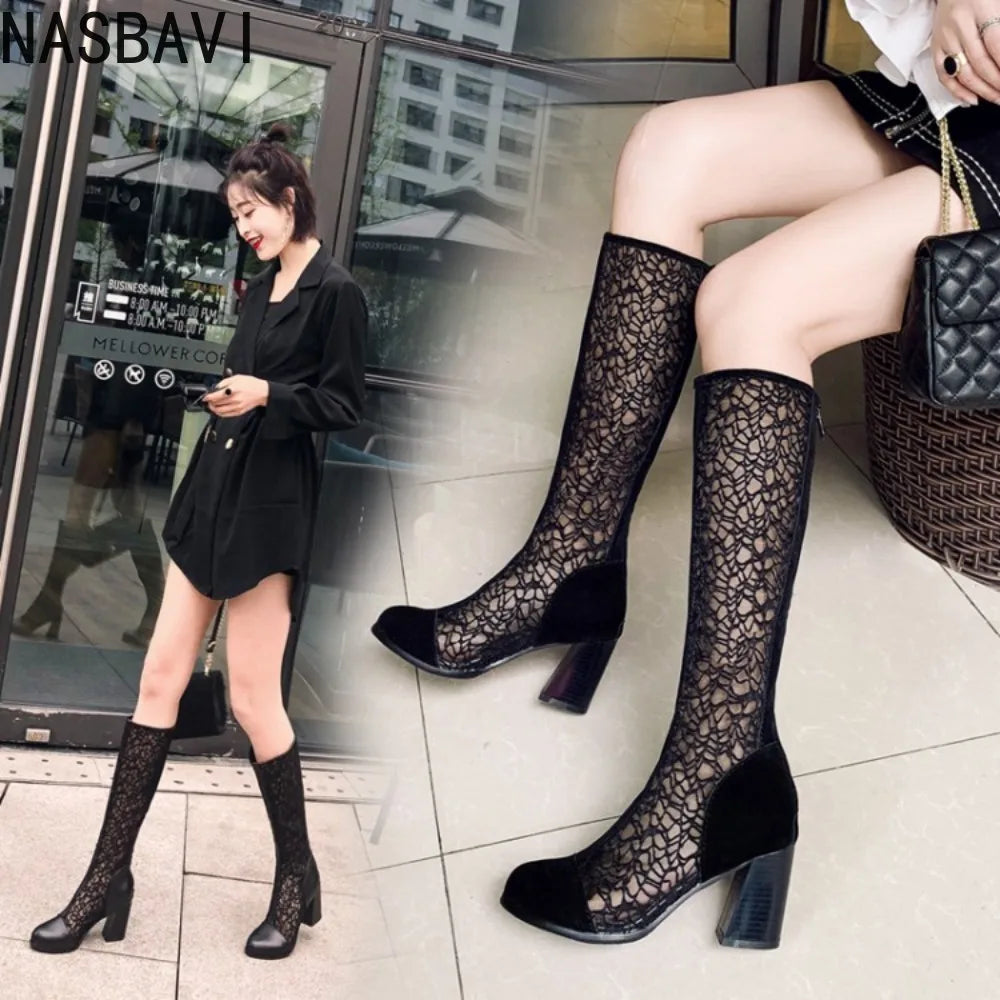 Sexy Women Knee High Boots Square Heel Punk Lace Mesh Boots Gladiator Cool Boots Breathable Women's Sandals Botas De Mujer New