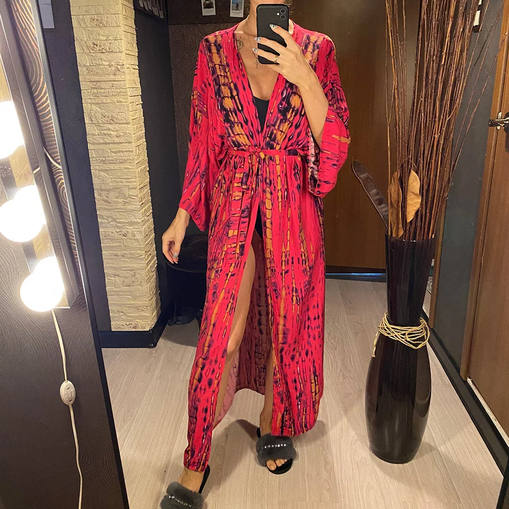 New 10 Colors Printed Long Sleeve With Belt Tunic Beach Cover Up Cover-ups Beach Dress Beach Wear Beachwear Female Women V4521