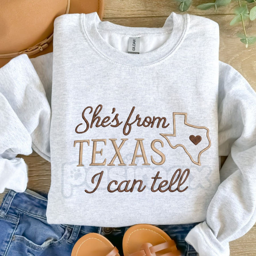 "She's from Texas" Embroidered Sweatshirt – Texas Outline & Heart Design Crewneck
