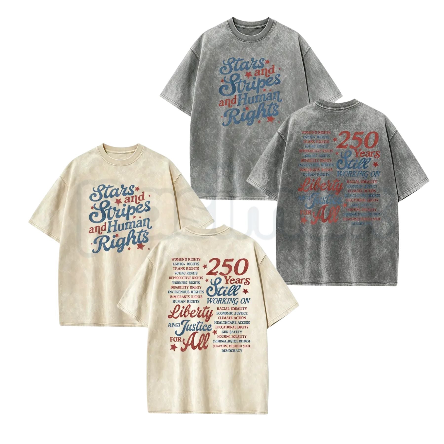 Stars and Stripes and Human Rights T-Shirt – 250 Years America Social Justice Graphic Tee, Vintage Washed Retro Patriotic Lightweight Cotton Top