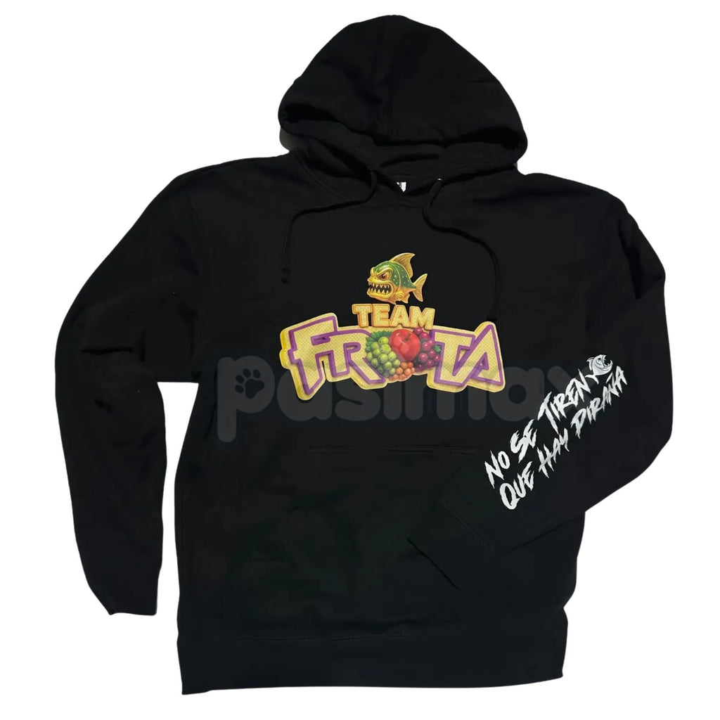 Team Fruta Hoodie – Black, Fruit Logo & Slogan "No Se Tienen Que Hay Piraña" Pullover, Medium Fit Casual Wear, Unisex