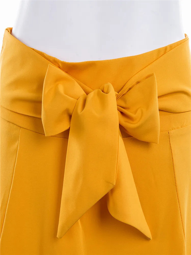 Fashion Women's Ladies Solid Color Bandage Pleated Cocktail Party High Waist  Summer A Line Skirts With Pocket