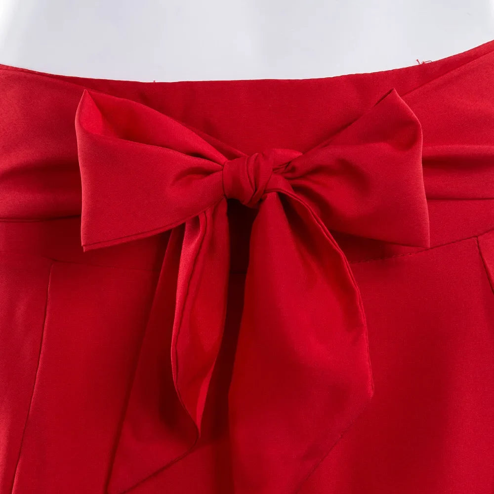 Fashion Women's Ladies Solid Color Bandage Pleated Cocktail Party High Waist  Summer A Line Skirts With Pocket