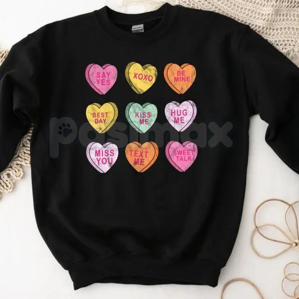 Valentine’s Day Conversation Hearts Sweatshirt | Cute Pastel Heart Shirt | Cozy Valentines Crewneck for Women | Romantic Gift for Her | Trendy Holiday Outfit