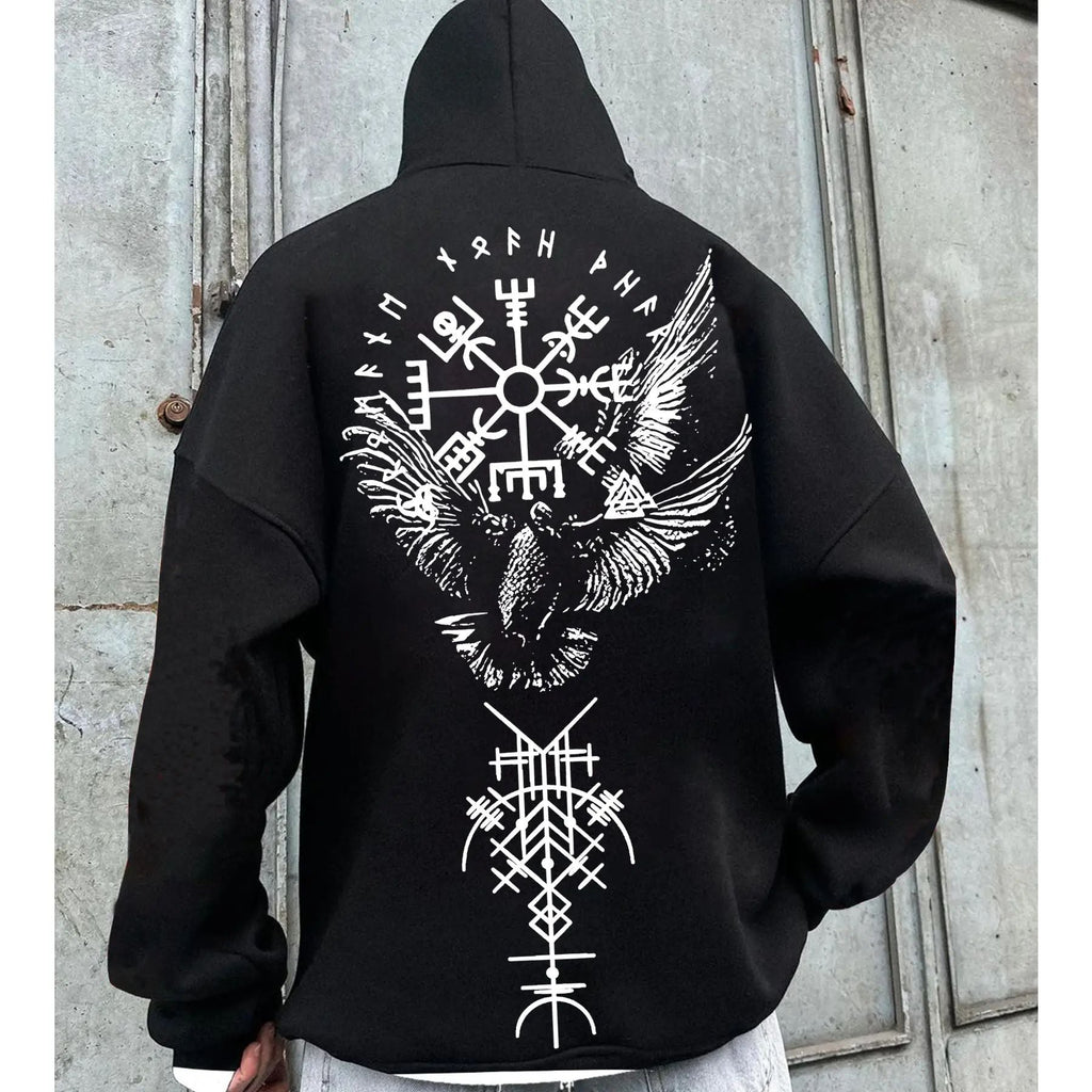 Viking Raven Rune Hoodie – Nordic Vegvisir & Odin Raven Graphic Pullover, Unisex Gothic Streetwear