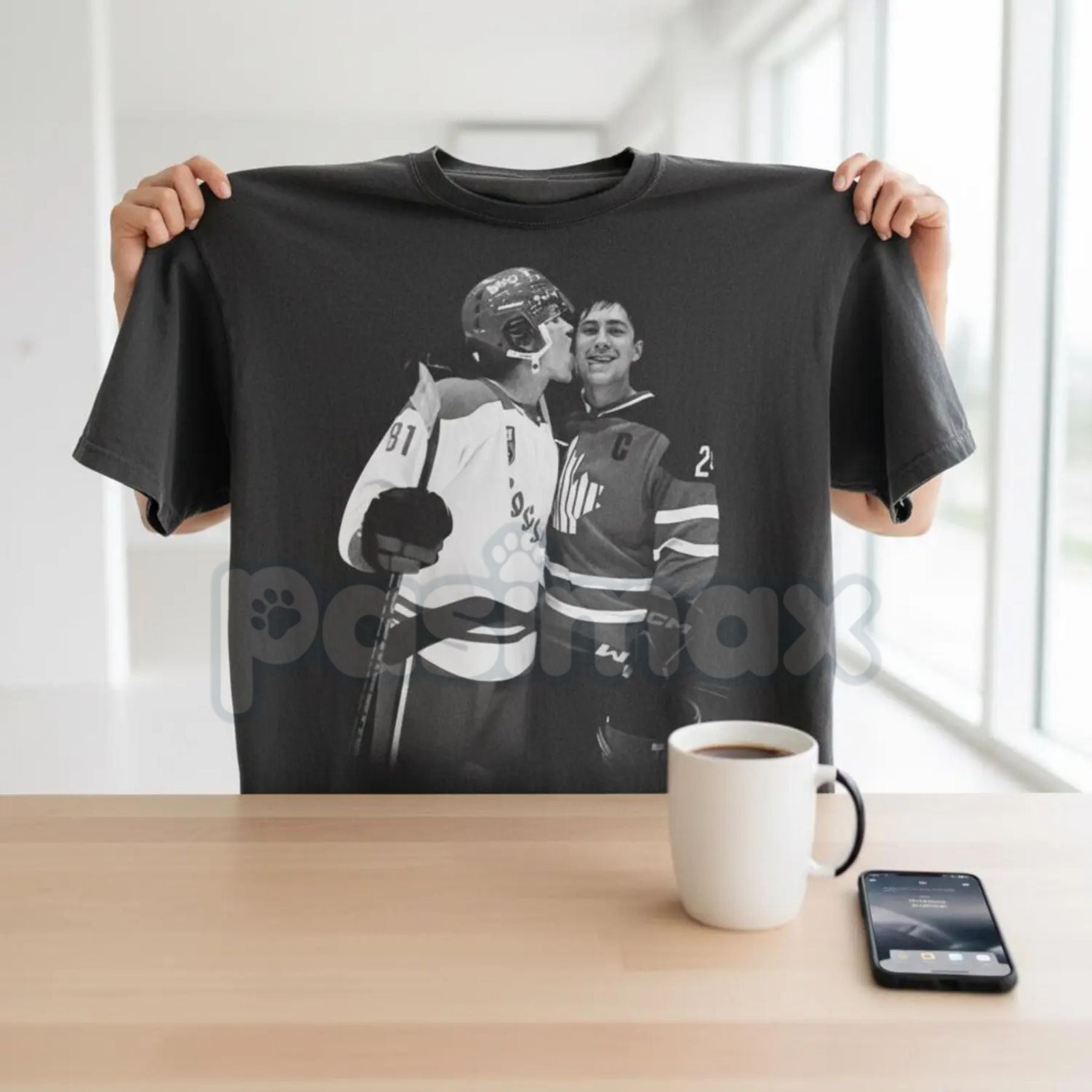 Vintage Black and White Hockey Kiss T-shirt - Retro Sports Romance Apparel, Classic Hockey Celebration Tee, Cinematic Ice Rink Graphic Shirt