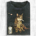 Wacky Cat Printed Design Unisex Oversized T-Shirt – Vintage Washed Graphic Crew Neck Tee