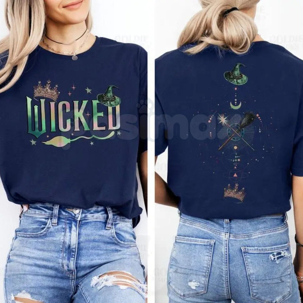 Wicked Musical "Defy Gravity" Two-Sided T-Shirt - Broadway Fan Apparel, Elphaba Glinda Graphic Tee, Broomstick & Wand Top