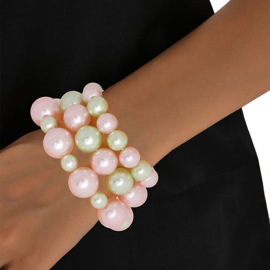 AKA Pink Green Pearls Stretch Bracelet Set