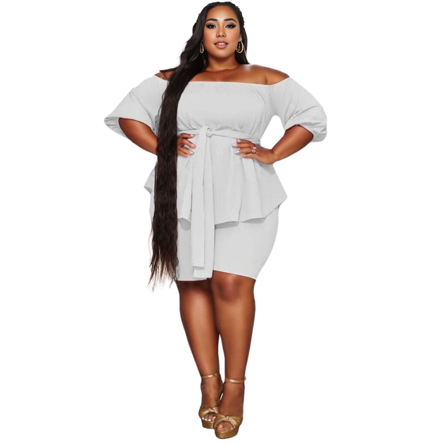 5XL White Off-Shoulder Shorts Set