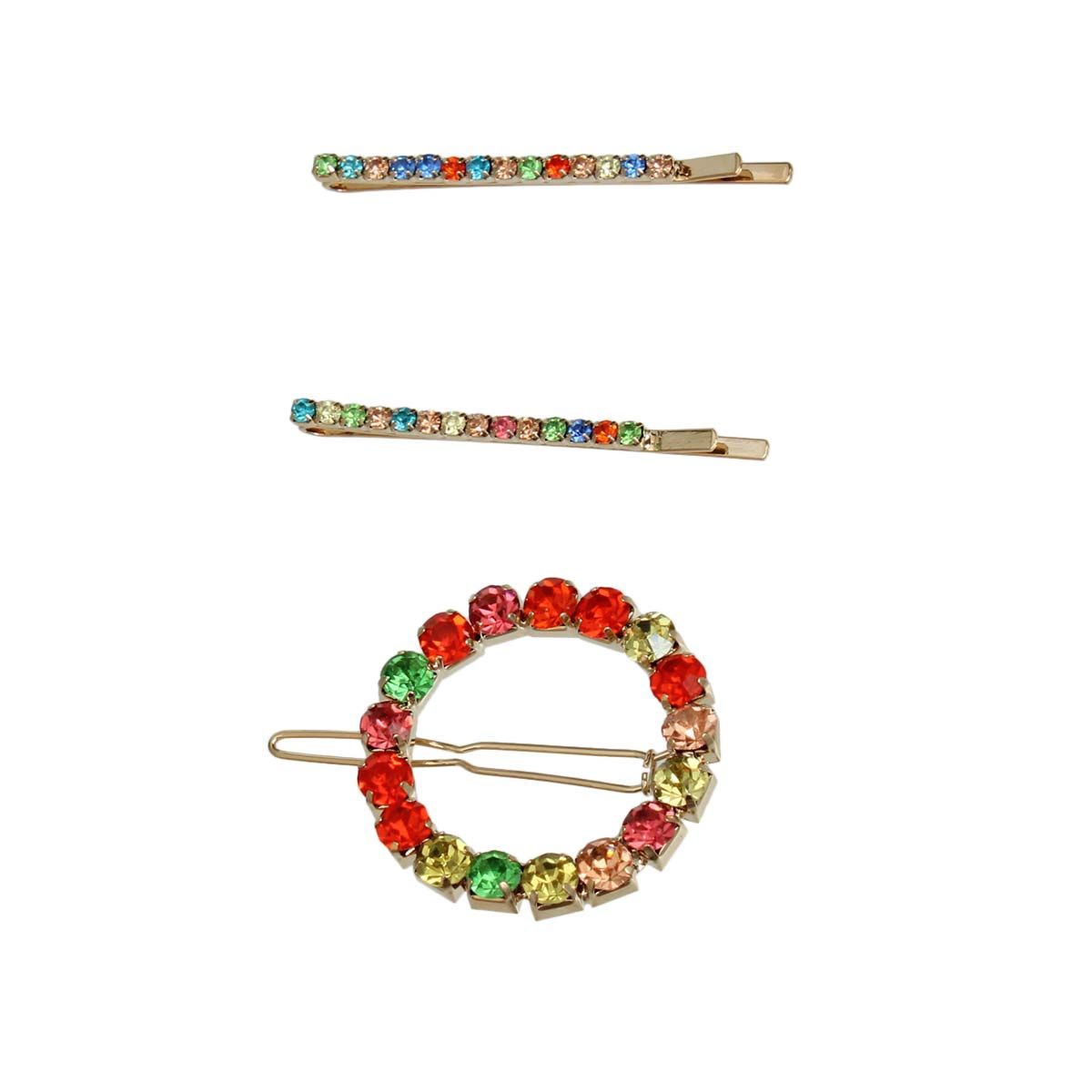 3 Pcs Multi Rhinestone Gold Circle Hair Pin Set