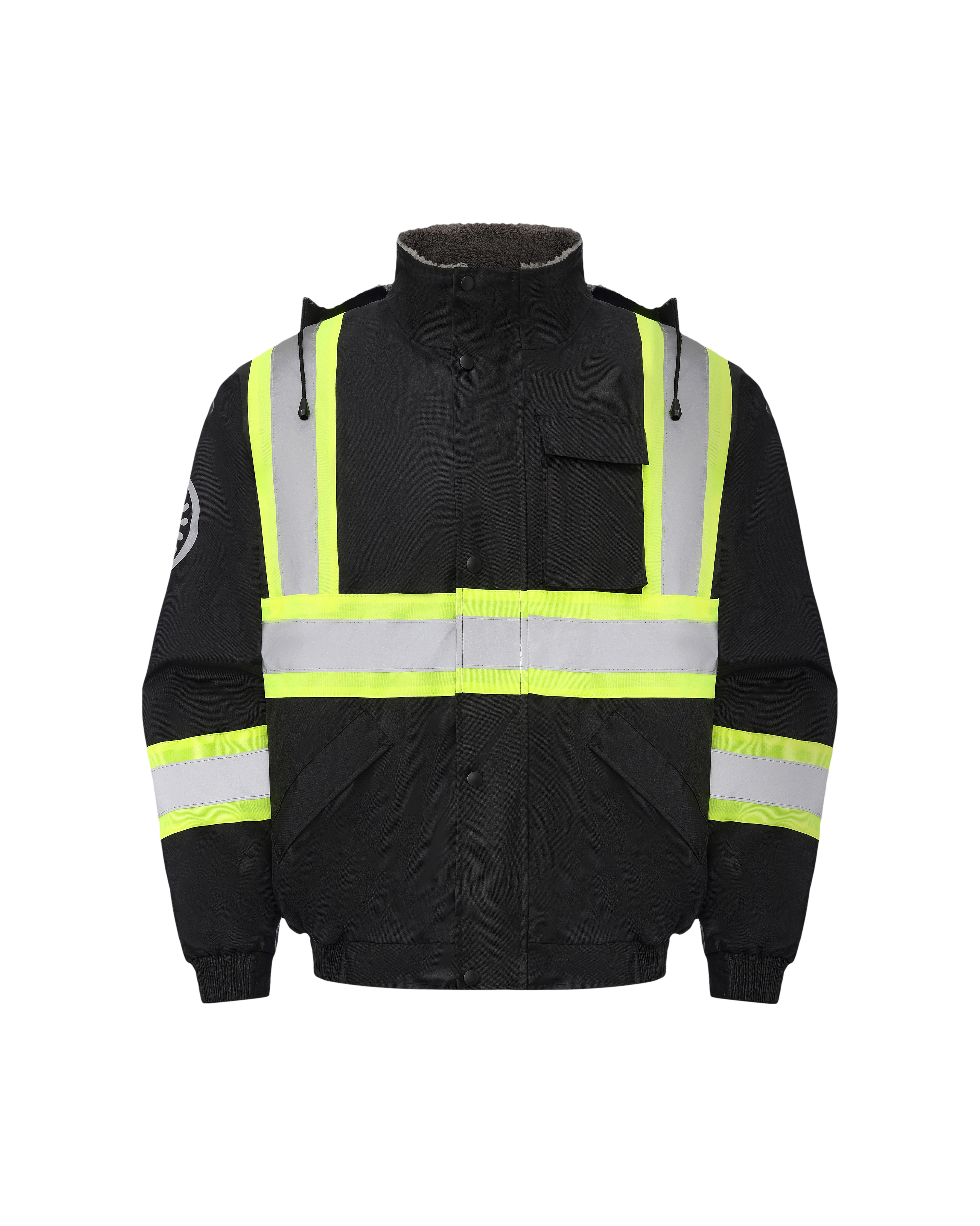 Kiwi High Visibility Hooded & Sherpa Lined ANSI/ISEA 107-2020 Reflector Contrast Trimmed Water Resistant Black Safety Jacket [71200]
