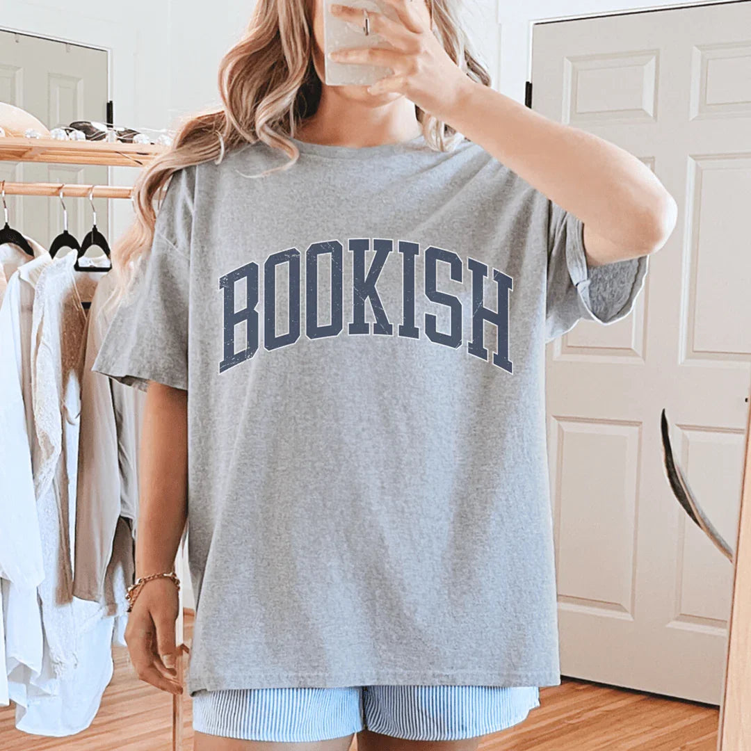Minimalist Book Lover Top – "Bookish" Retro Serif Graphic Shirt