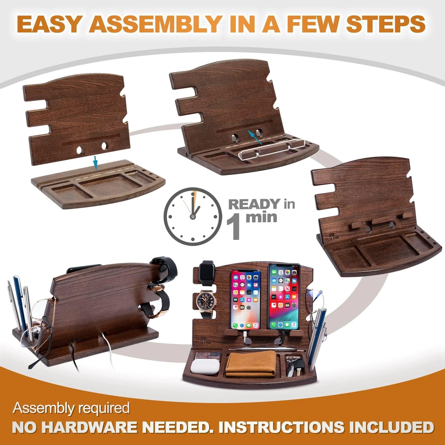 Wood Phone Docking Station Natural Ash Phone Key Holder Wallet Watch Stand Gift