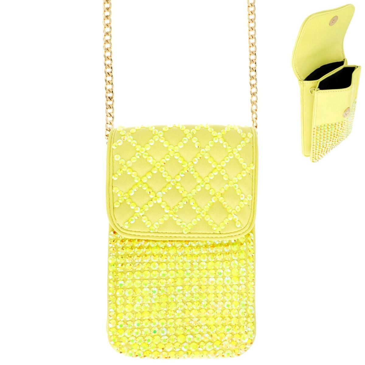 Yellow Quilted Rhinestone Cellphone Bag