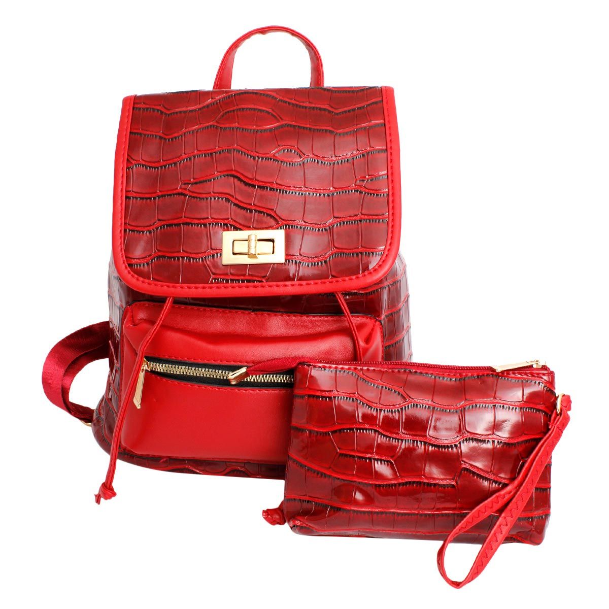 Backpack Red Croc Flap Bag Set for Women