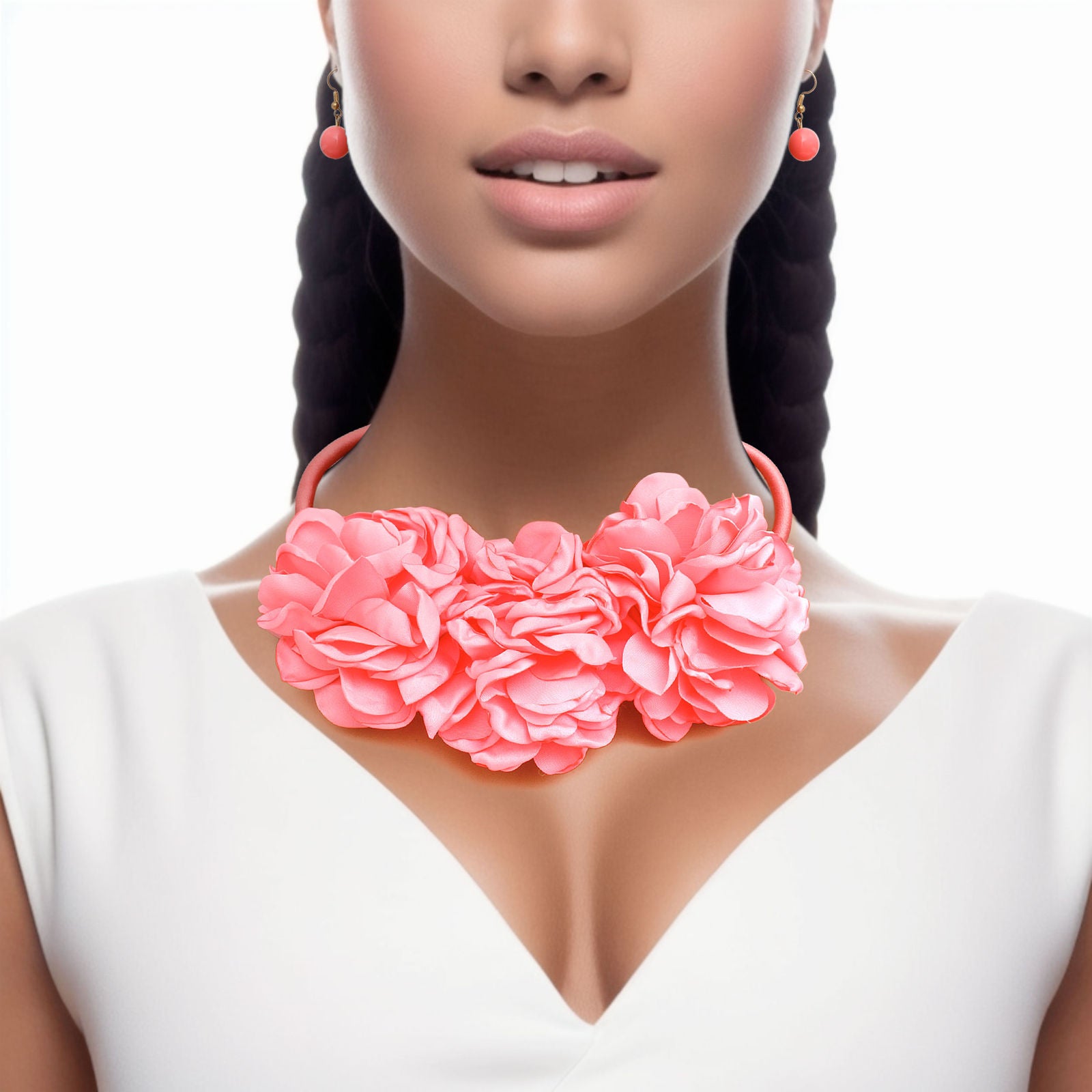 Bib Pink Triple Fabric Flower Necklace for Women