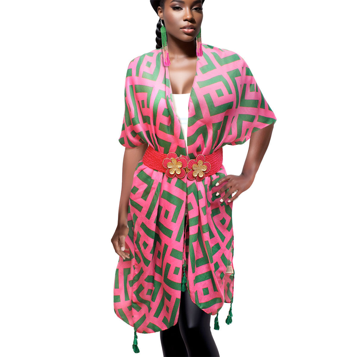 AKA Kimono Lux Geo Print Pink and Green