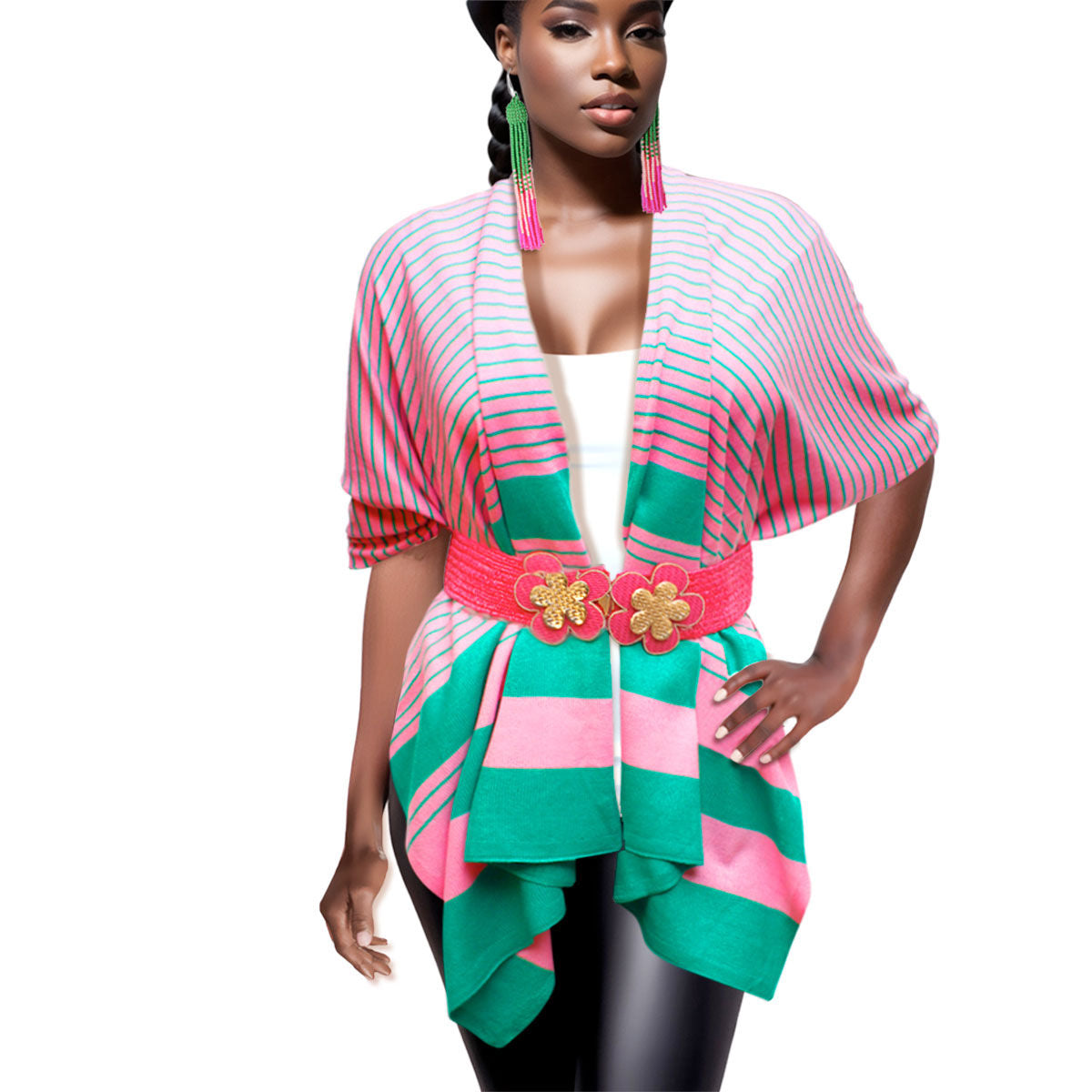 AKA Ruana Kimono Striped Pink and Green