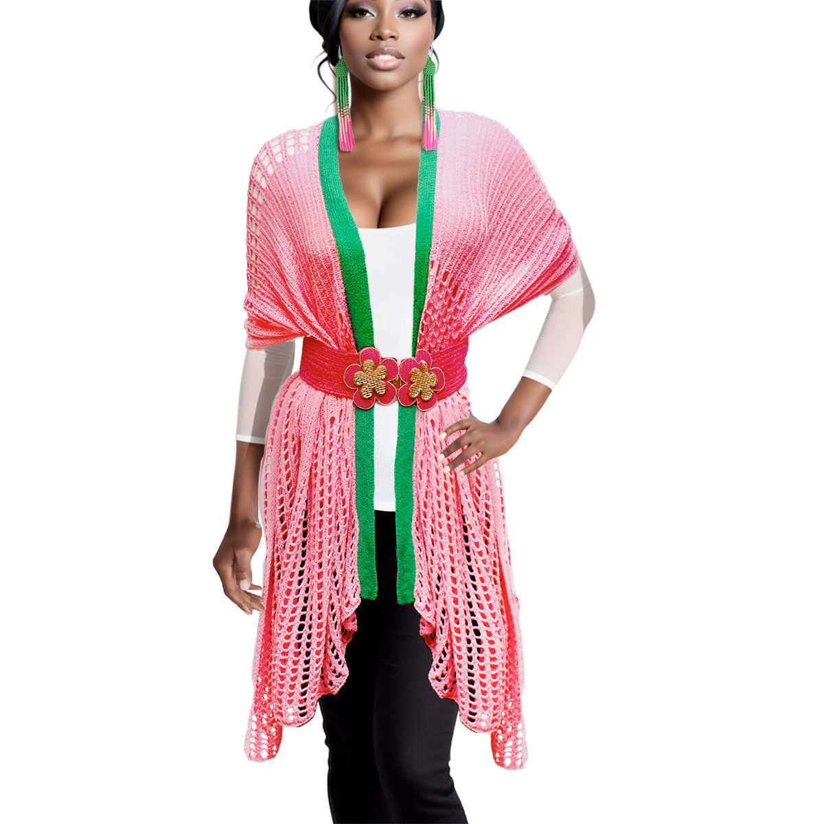 AKA Ruana Kimono Pink and Green Crochet