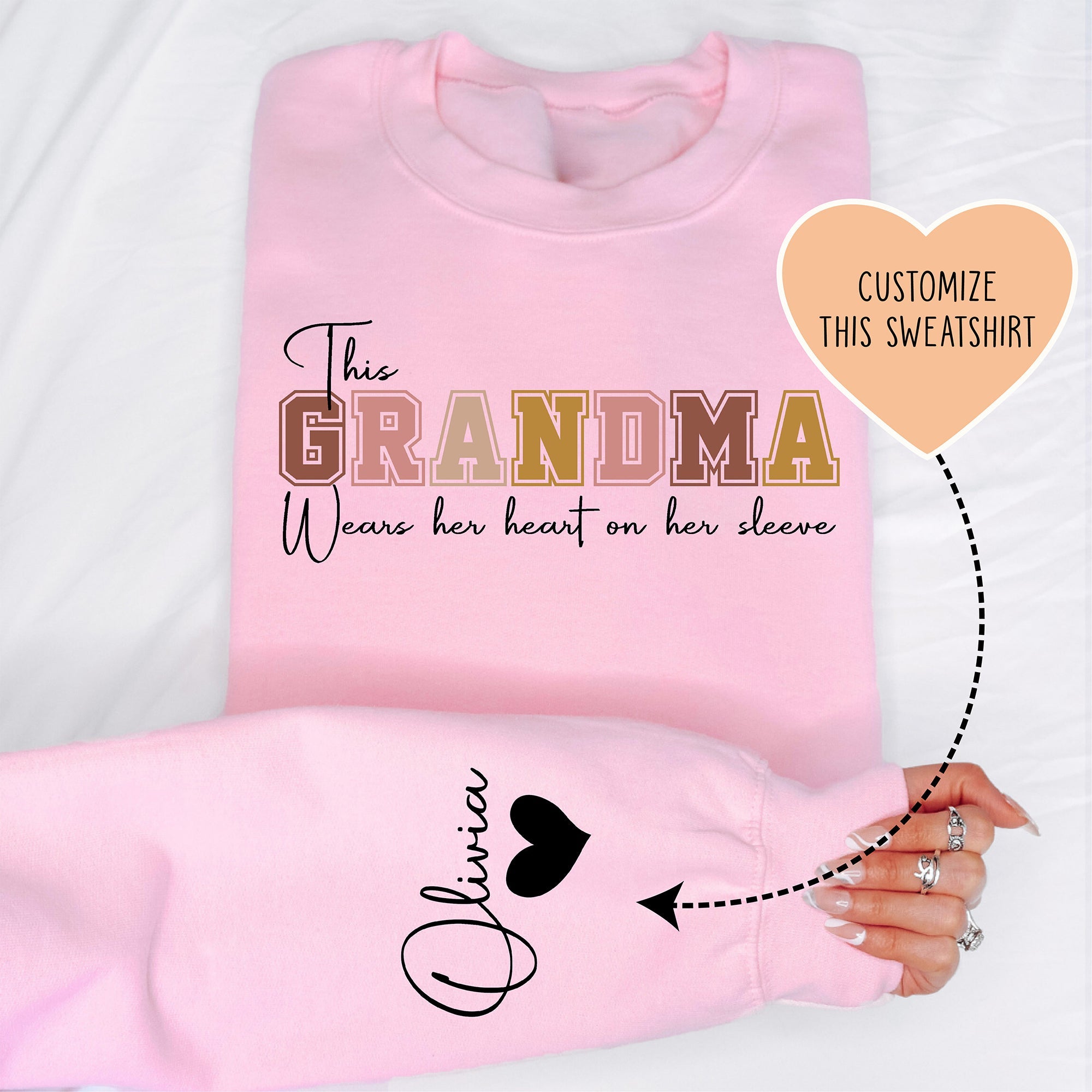 This Grandma Wears Her Heart On Her Sleeve Custom Sweatshirt