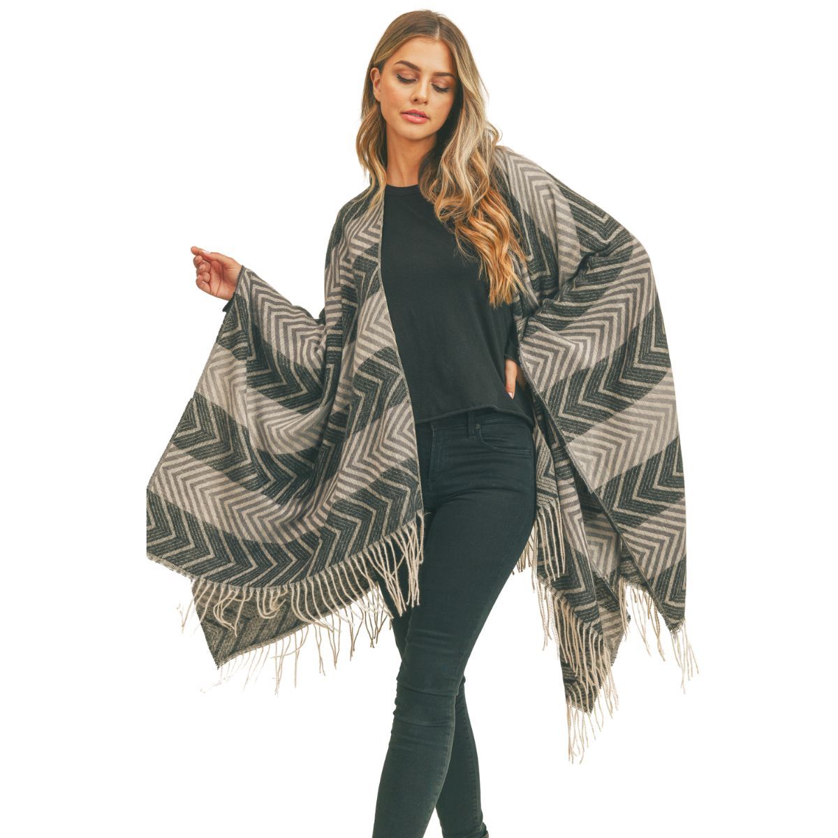 Black and Gray Chevron Stripe Ruana