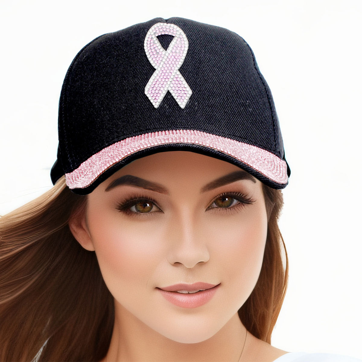 Black Pink Ribbon and Visor Hat