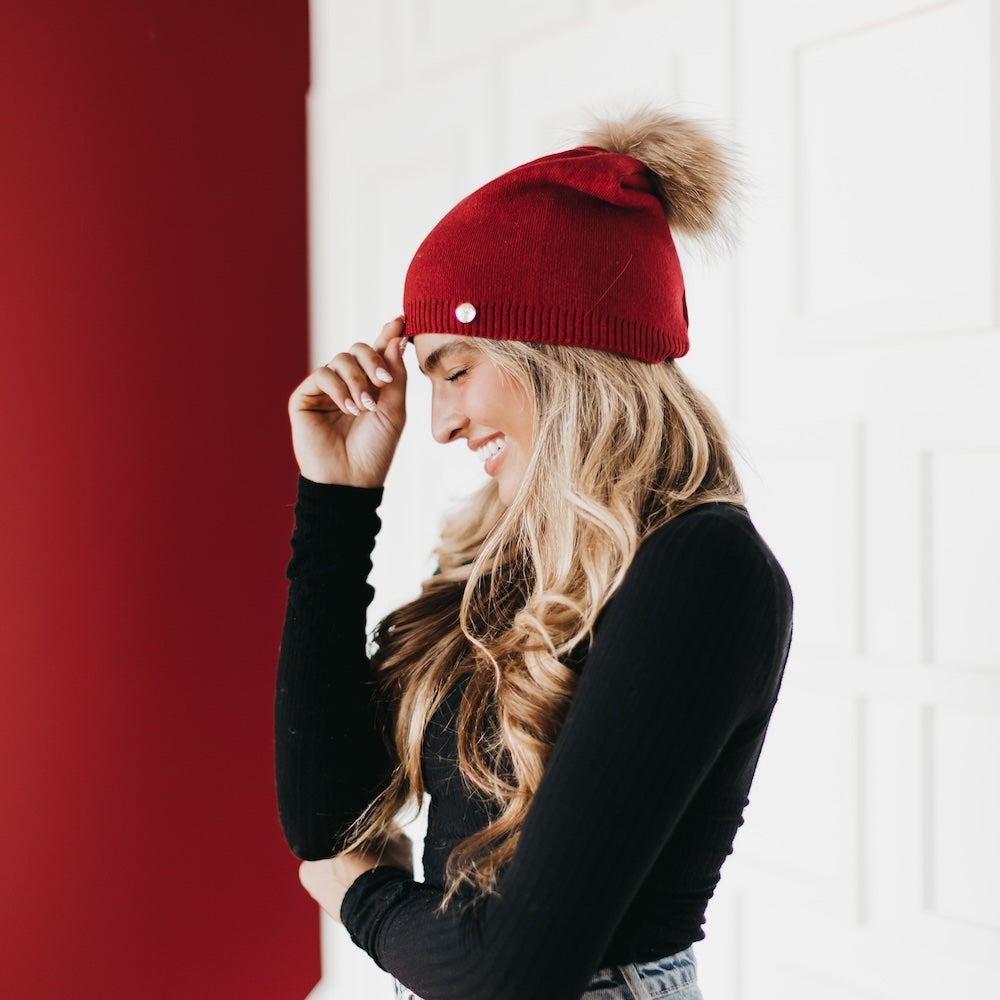 Fine Knit Fur Pom Slouchy Beanie