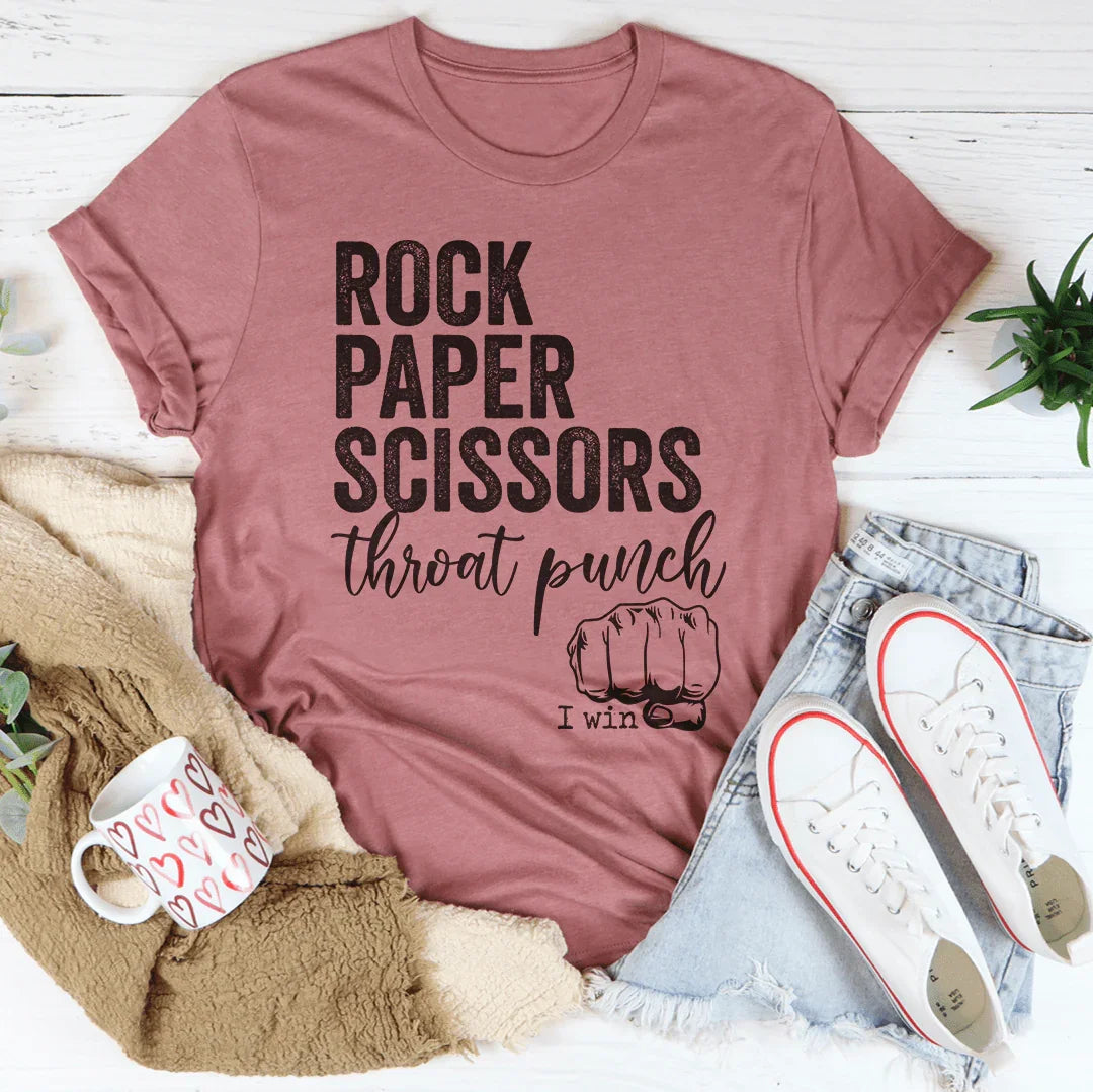 Women's Funny Sarcastic Graphic T-Shirt – Rock Paper Scissors Throat Punch I Win Tee