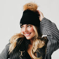 Fine Knit Fur Pom Slouchy Beanie