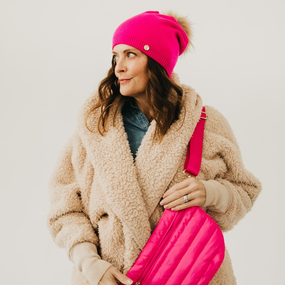 Fine Knit Fur Pom Slouchy Beanie