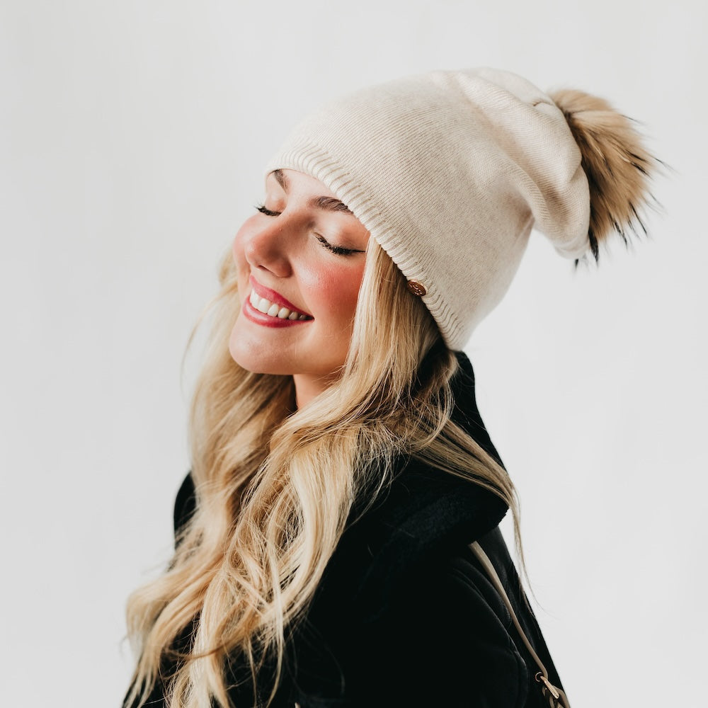 Fine Knit Fur Pom Slouchy Beanie